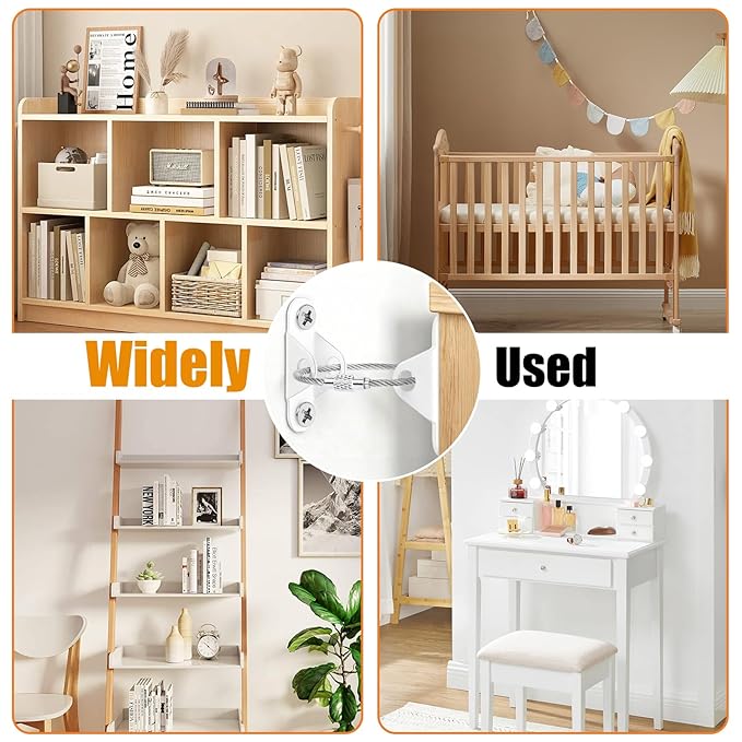 6-Pack Furniture Anchors for Baby Proofing, Anti Tip Straps Safety Kit to Prevent Dresser, Bookshelf, Cabinet from Tipping Over for Child & Pet Safety (White)