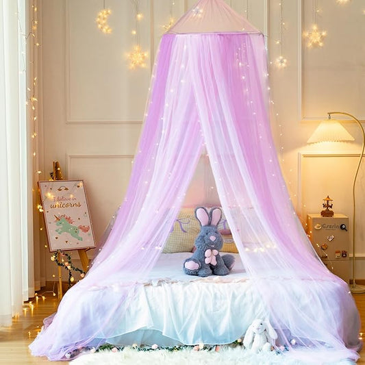 Princess Pink Purple Bed Canopy with Lights for Girls Bed Net,Princess Canopy for Kids Bed Room Decor (Pink Purple+Lights)