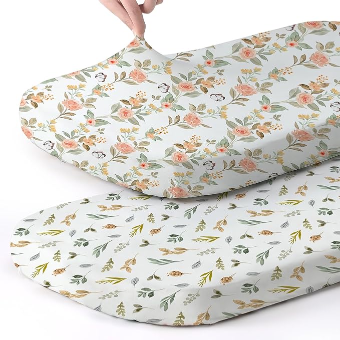 Stretch Fitted Bassinet Sheet Set BROLEX 2 Pack Cradle Sheets for Bassinet Pad/Mattress,Unisex Boys Girls,Ultra Soft,Rose Foliage
