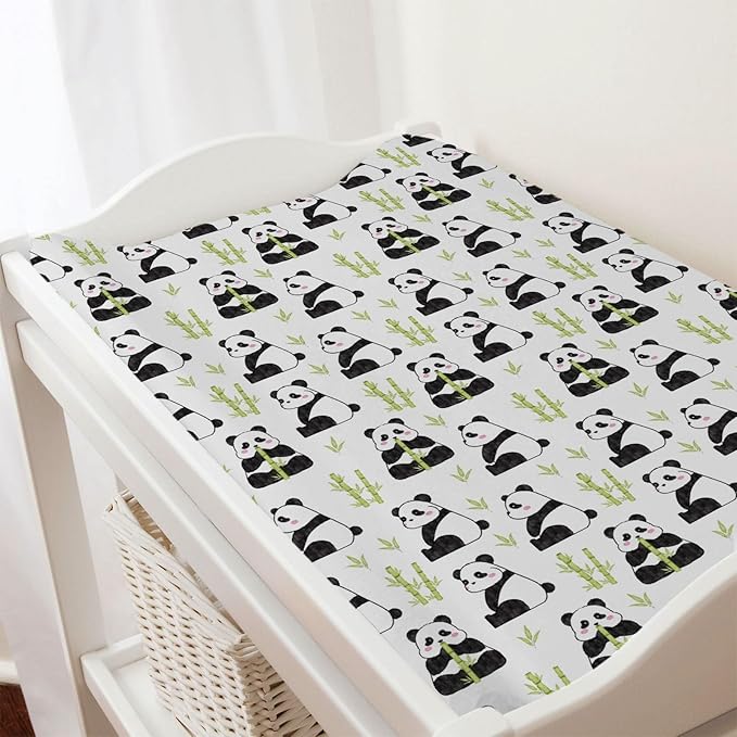 Watercolor Panda Green Leaves Baby Changing Pad Cover Sheets for Boy Girl 32''x16'' Cute Bear Unisex Fitted Diaper Changing Table Sheets Soft Breathable Baby Changing Table Mats (Pandas, one Size)