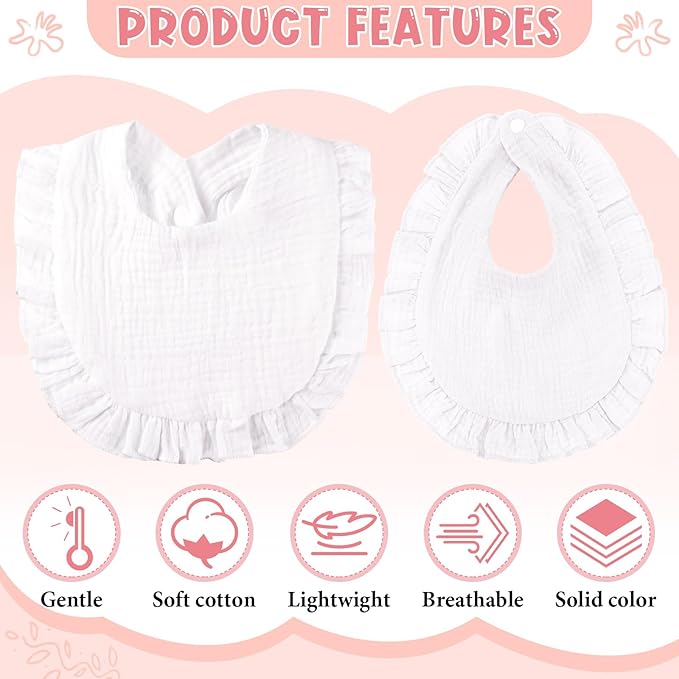 Kenning 18 Pcs Muslin Drool Baby Bibs Ruffle Absorbent Bib with Snap Button Boy Girl for Drooling Teething Infant Newborn