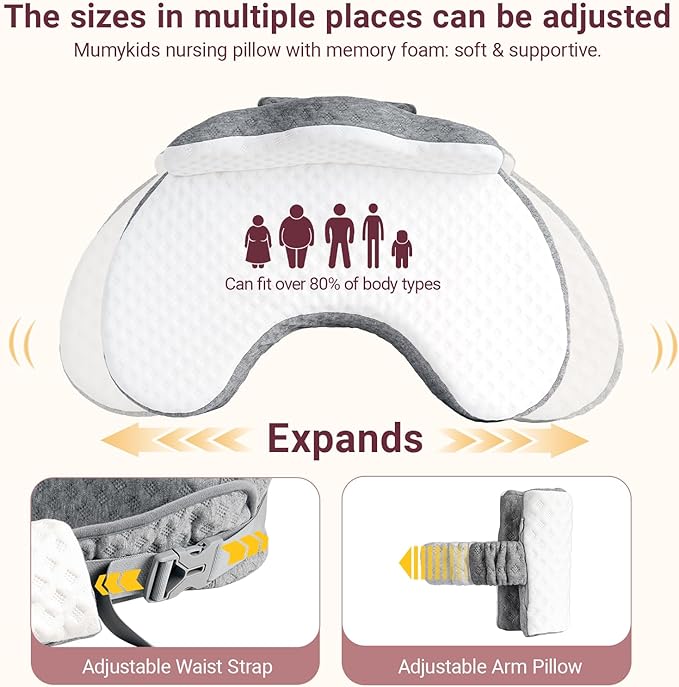 Elevated Nursing Pillow with Arm Pillow, Ergonomic Safety Memory Foam Breastfeeding Pillow, Adjustable Strap, Wider Cushion, Removable Cover & Side Pocket for Breastfeeding & Bottle Feeding