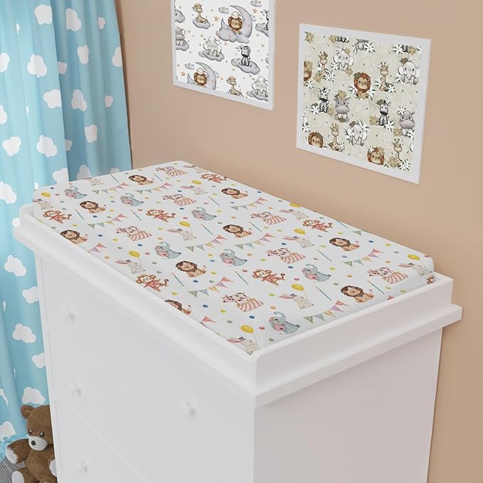 Watercolor Circus Animals Changing Pad Covers Cute Monkey Elephant Rabbit Pig Unisex Diaper Change Table Sheets for Boys Girls Soft Breathable Stretch Changing Mat Sheets Cover 32''x16''