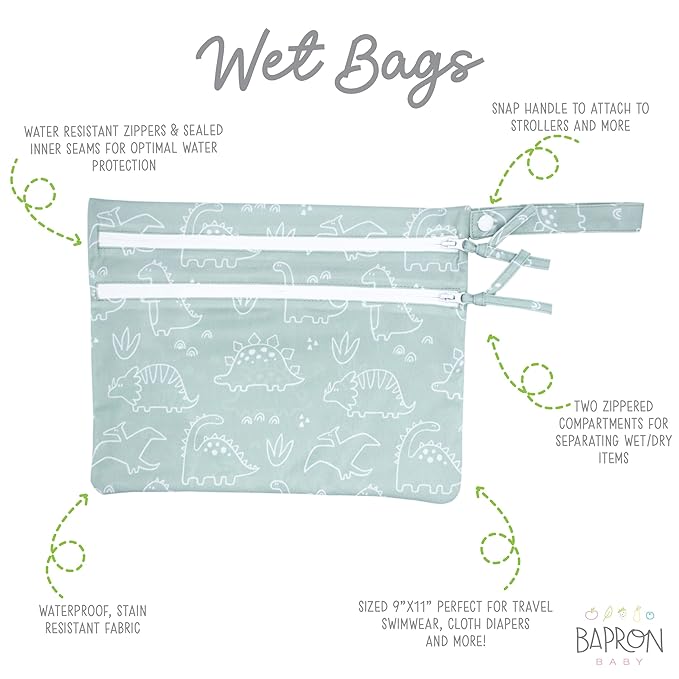 BapronBaby Dino Friends Sage Wet Dry Bag - Waterproof Two Zipper Pockets - Reusable for Mealtime, Diapers, Stroller, Snacks, Swimsuits - Machine Washable - 11" x 9"