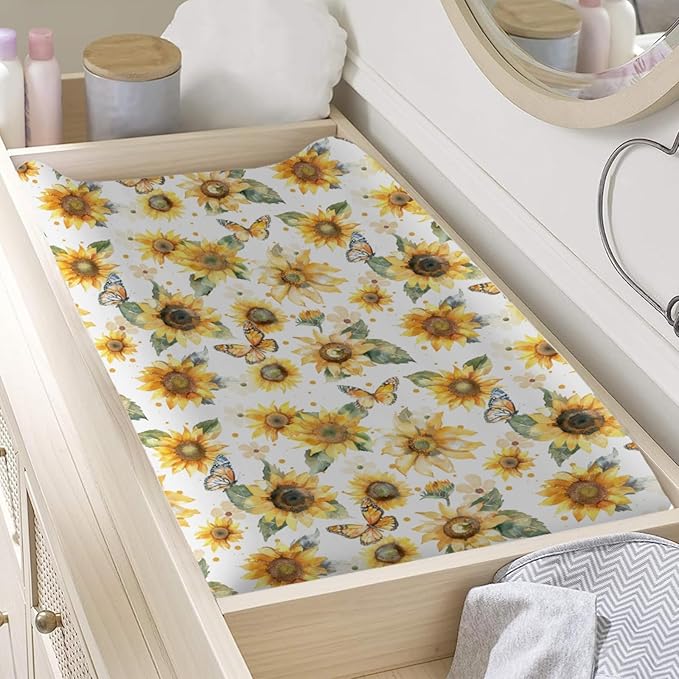 Watercolor Sunflowers Butterflies Baby Changing Pad Cover for Girl Boy Yellow Sunflower Nursery Diaper Changing Pad Sheets Boho Floral Soft Breathable Stretchy Fitted Change Table Mats 32''x16''