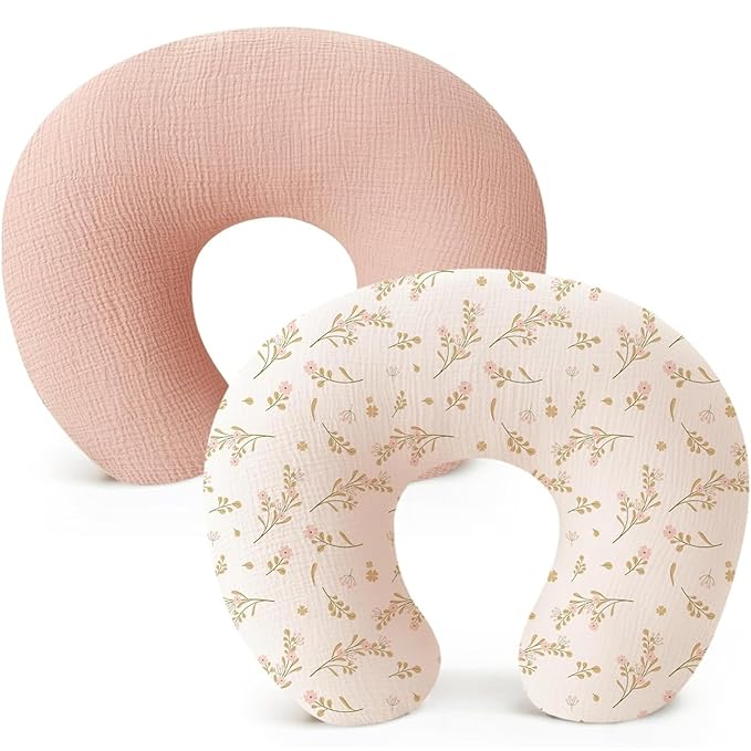 2 Pack Newborn Muslin Nursing Pillow Covers Soft Nursing Cover for Breastfeeding Pillow Slipcover for Baby Girls Boys (Pink+Pink Flower)