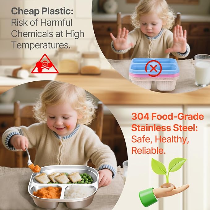 Set of 4 Snack Containers,Stainless Steel Kids Plates,Stainless Steel Toddler Plate with Silicone Lids- Reusable Meal Prep Lunch Containers for Kids Non Toxic & 100% BPA Free （Pink）
