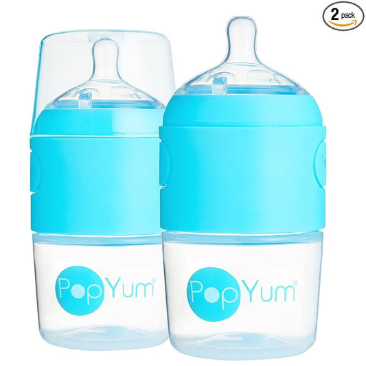 PopYum 5 oz Blue Anti-Colic Formula Making/Mixing/Dispenser Baby Bottles, 2-Pack with #1 Slow Flow Nipples, 150 ml, BPA-Free, Natural Latch