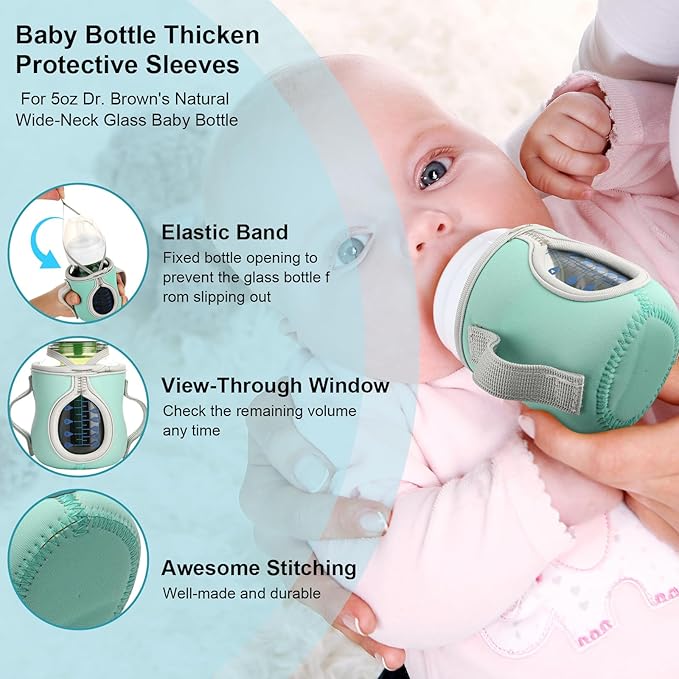 Beautyflier Glass Baby Bottle Sleeve Covers for Dr. Brown's Natural Flow Anti-Colic Wide-Neck Glass Baby Bottles, 3.3mm Thicken Heat and Cold Retention Baby Bottle Sleeve (Pink + Green, 5oz/150 mL)
