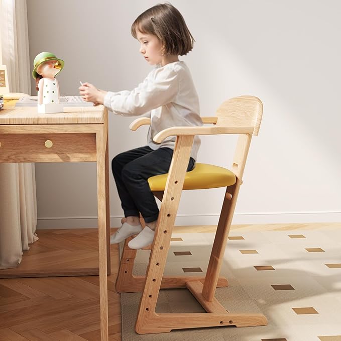 DOMGMUWUJEE Solid Wood Toddler Dining Chair - Adjustable Height Easy to Clean Toddler high Chair - Kids high Chair from 3 Years to 200 Lb, Grow with Child (Natural Yellow)