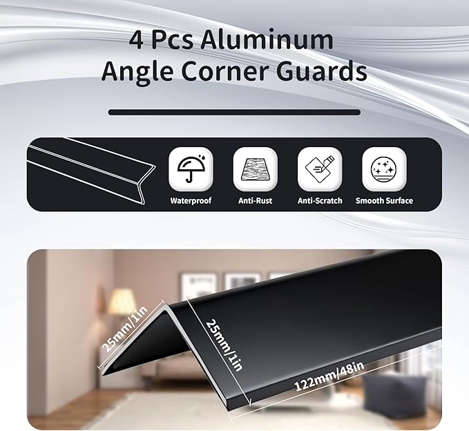 4 Pcs Metal Corner Protectors - 45" x 1" x 1" Aluminum Self Adhesive Wall Furniture Corner Guards Protection, Wall Edge Protector Strip Cabinet Baseboard Decoration - Black