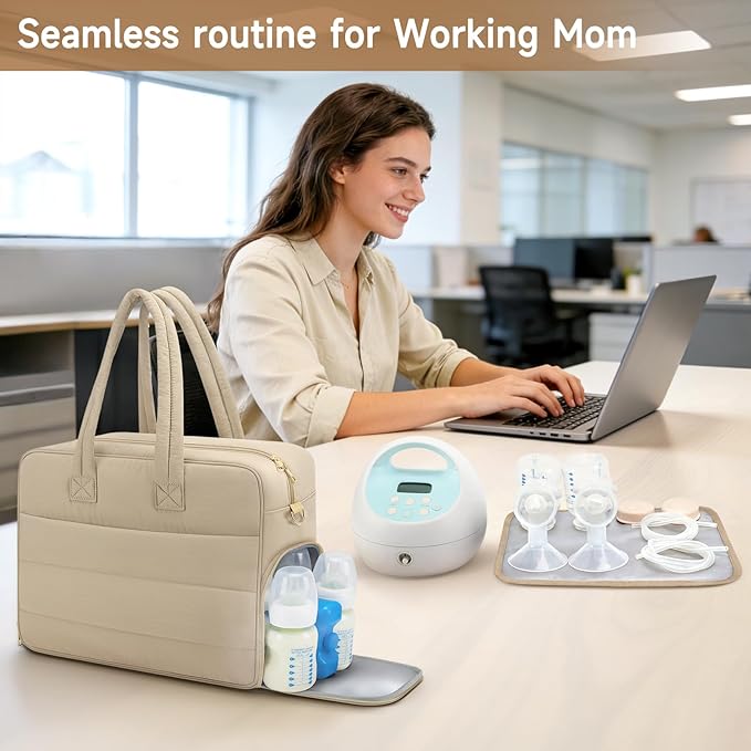 Breast Pump Bag with Insulated Breast Milk Cooler Pocket, Fits Spectra S1/S2 & Most Pumps, Water‑Resistant Work & Travel Tote with 15.6" Laptop Sleeve, Stroller Straps, Luggage Sleeve & Ice Pack,Camel