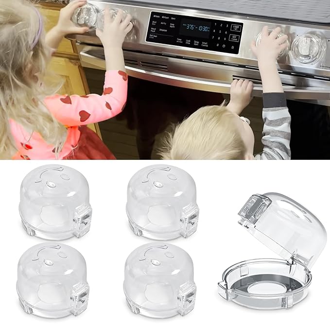 Childproof Stove Knob Covers, Oven Knob Covers for Child Safety 5 Pack, Clear Stove Knob Safety Covers & Gas Stove Locks, Heat-Resistant Adhesive,Double-Key Baby Proof Covers for Gas/Electric Burners