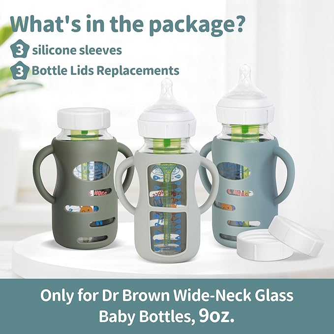 3 Pack Silicone Sleeves for Dr Brown Wide-Neck Glass Baby Bottles, Food GradeAnti Breakage Baby Bottle Holder with Handles and 3pcs Travel Bottle Caps, 9oz