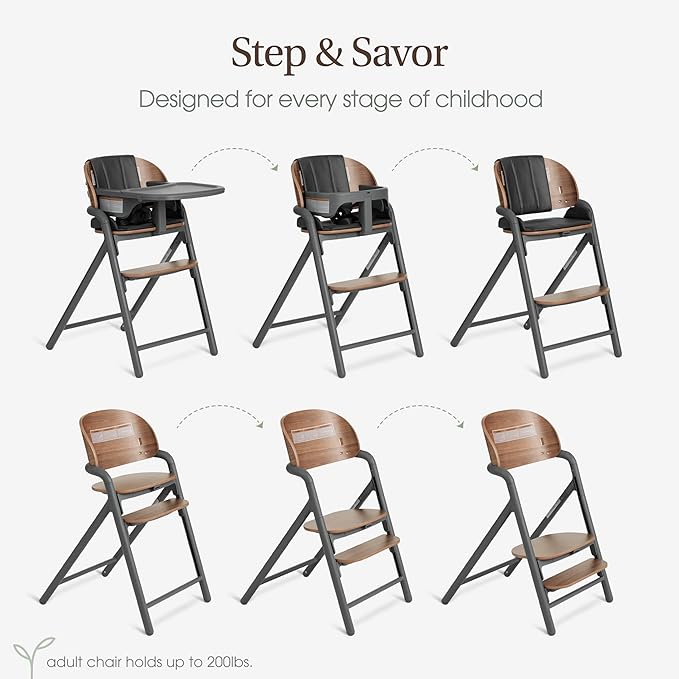 Evolur Step and Savor Baby High Chair, Converts to Adult Stool, 5 Position Adjustable Height and Footrest Positions Portable High Chair, Removable Tray, Easy to Clean and Removable Cushion