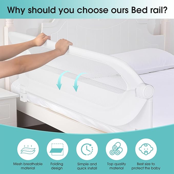 NUTIKAS Baby Bed Rail Guard for Toddlers - 70" Toddler Bed Rails for Twin, Full, Queen, King Bunk Size Bed Swing Down Bedrail Extral Tall Child Safety Side Railing Guards for Kids White