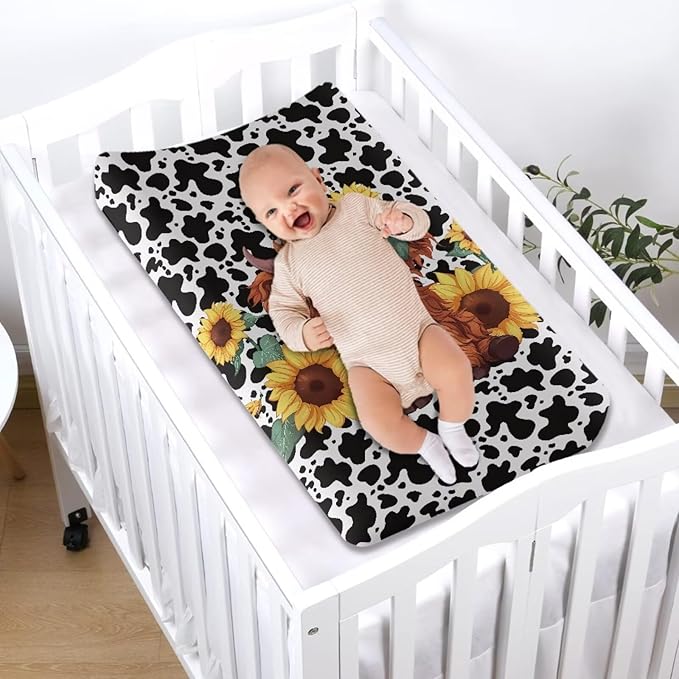 Highland Cow Changing Pad Waterproof Cover Cartoon Cozy Baby Nursery Diaper Changing Pad Sheets Boys & Girls Stretchy Diaper Pad Covers for Changing Table 16x32 Inch