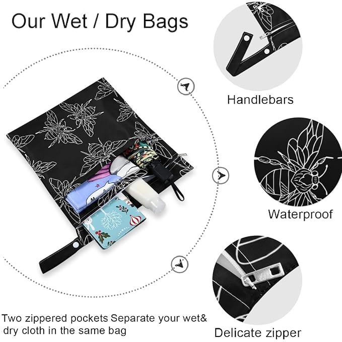 visesunny Black Bee Doodle 2Pcs Wet Bag with Zippered Pockets Washable Reusable Roomy for Travel,Beach,Pool,Daycare,Stroller,Diapers,Dirty Gym Clothes, Wet Swimsuits, Toiletries