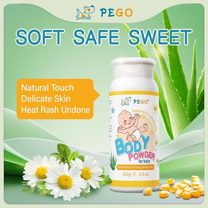 PEGO Cornstarch Baby Powder,Talc-Free,with Zinc Oxide,Aloe and Chamomilla,Prevent Heat Rash,Diaper Rash,Protect Newborns, Toddlers from Chafing,‌Gentle and Non-Irritating,100g/3.5Oz (2 Pack)