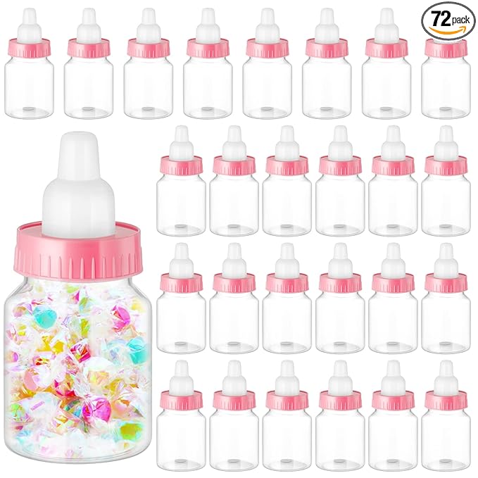 Tessco for you 72 Pcs 3.5 Inch Baby Bottles for Baby Shower Mini Plastic Bottle Party Favor Clear Candy Box for Guests Gift (Pink)