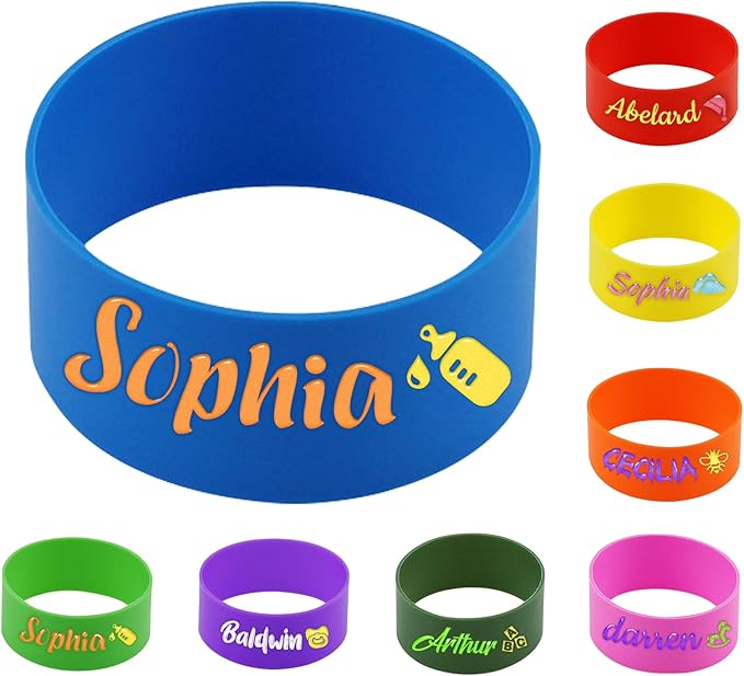 4 Pcs Personalized Water Bottle Labels Waterproof Bottle Name Bands Non-Slip Silicone Daycare Essentials Cute Sippy Cup Strap for Kindergarten School