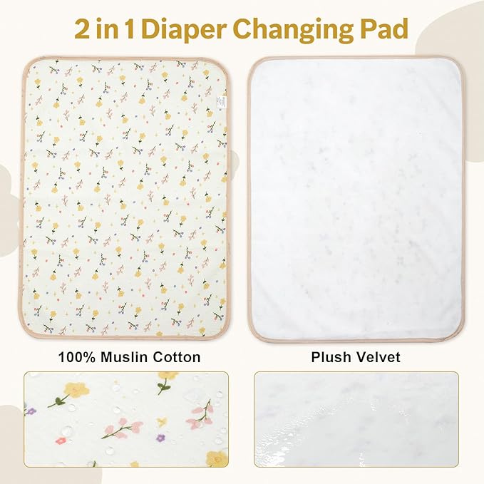 Muslin Diaper Changing Pad, Waterproof Diaper Change Mat Liner for Baby, Reusable Incontinence Underpad for Travel, Leakproof Absorbent Mat for Newborn