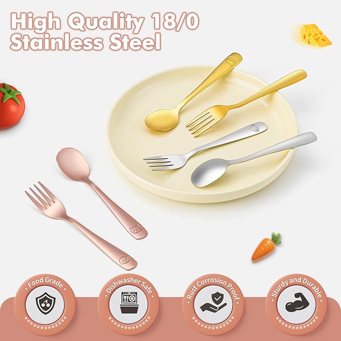 DRKIO Stainless Steel Toddler Utensils Set - 6 Pieces Kids Silverware Set Children Safe Food Grade Small Forks and Spoons Dishwasher Safe Mirror Polished