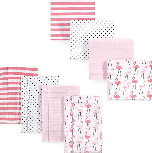 Hudson Baby Unisex Baby Cotton Flannel Burp Cloths and Receiving Blankets, 8-Piece, Flamingos, One Size