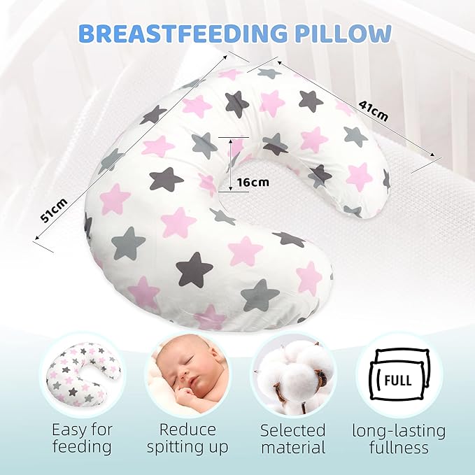 LAT Nursing Pillow for Breastfeeding,100% Cotton Removable Cover,Ergonomic Breast Feeding Pillows for Mom and Baby,Machine Washable(Pink Stars)