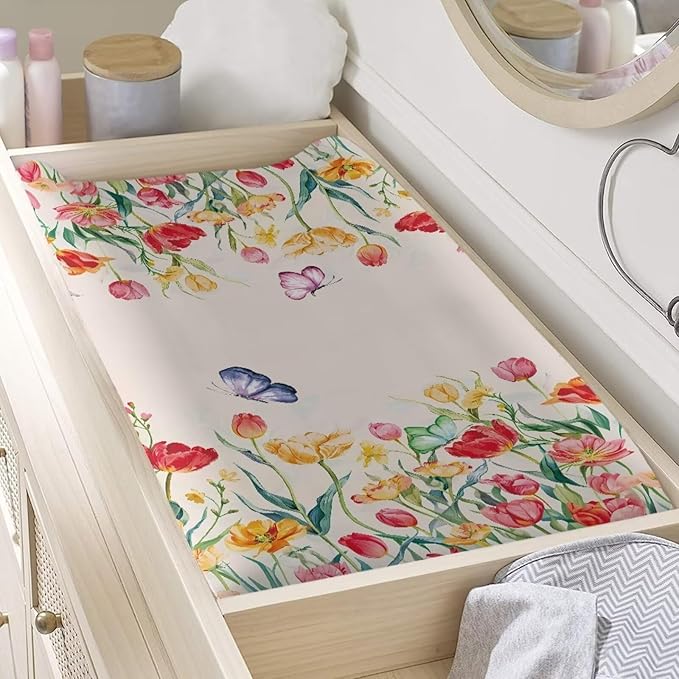 Butterflies Flower Changing Pad Cover for Baby Girls Boys Comfort Diaper Change Table Pad Covers Soft Changing Pad Sheets