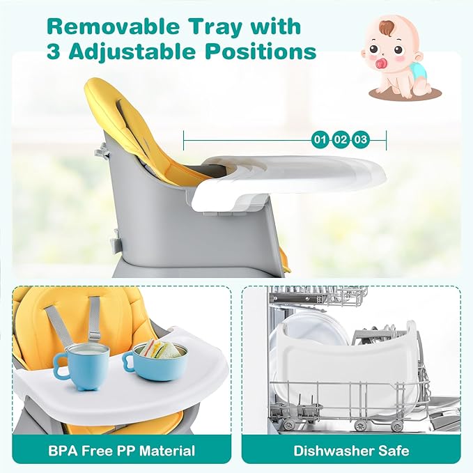 KOTEK Baby High Chair, 8 in 1 Convertible Highchairs for Babies and Toddlers, Building Block Table, Booster Seat, Toddler Chair with Removable Tray, Safety Harness, Dual Cushions (Yellow)