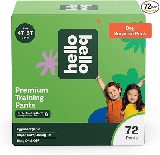 Hello Bello Premium Training Pants, Size 4T-5T (38+ lbs) Surprise Pack - 72 Count, Hypoallergenic with Soft, Cloth-Like Feel - Assorted Patterns for Boys