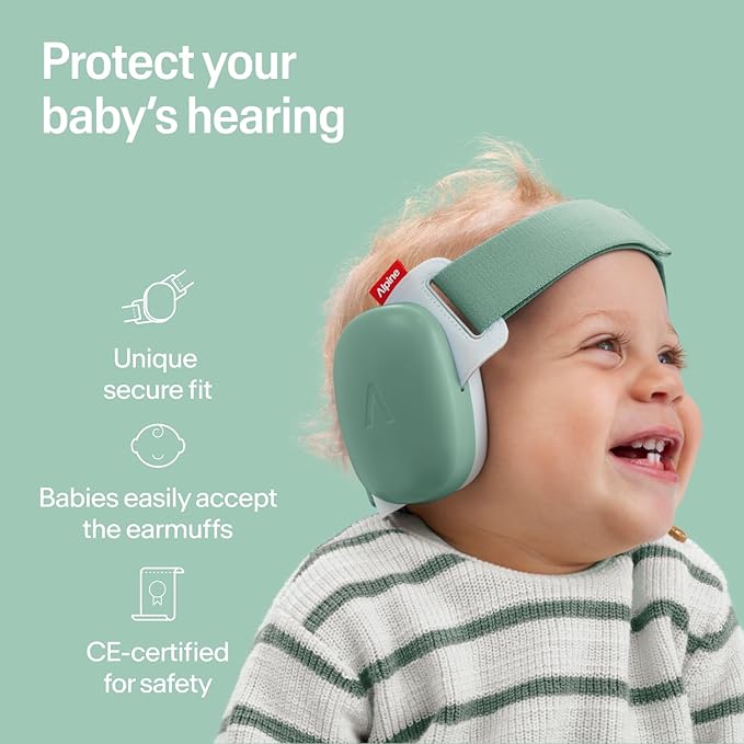 Alpine Muffy Baby Comfort - Protects Hearing for Babies and Toddlers - CE & ANSI Certified - Headband for Safe fit & Comfort - Adjustable for Ages 3-48 Months - 24dB Sound Reduction, Green