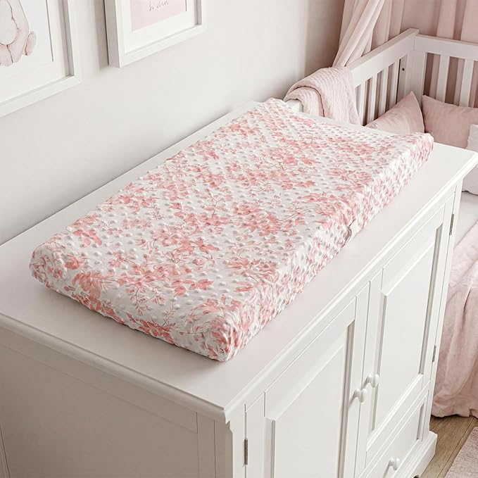 SmoothNovelty 3 Pcs Pink Bow Baby Changing Pad Covers, Flowers Changing Table Cover for Girls, 32 x 16 in Minky Table Sheets, Soft Velvet Nursery Decor, Baby Items