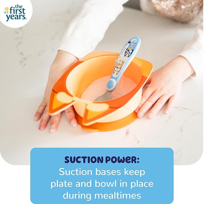 The First Years Bluey Kids Dinnerware Set - Includes Bluey Suction Plate, Bingo Suction Bowl, and Stainless Steel Toddler Silverware - Toddler and Baby Feeding Essentials - 4 Count