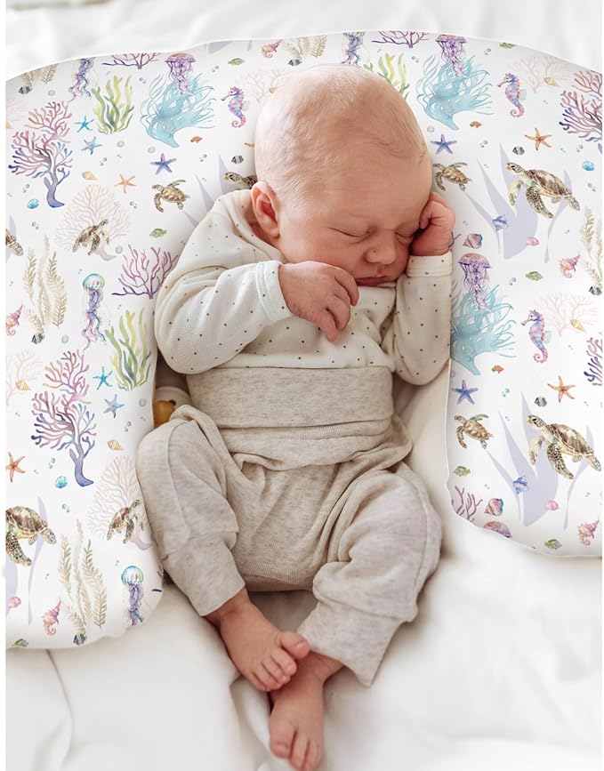 Retro Sea Animals Baby Nursing Pillow Covers for Boy Girl Boho Sea Horse Turtle Jellyfish Starfish Coral Nursing Pillowcase for Breastfeeding Pillows Ocean Marine Soft Stretchy Slipcovers for Newborn