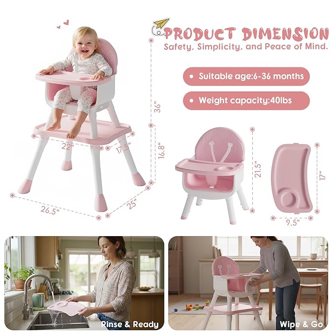 UNISWAN 6 in 1 Baby High Chair, Convertible Highchair for Babies and Toddlers (Pink)