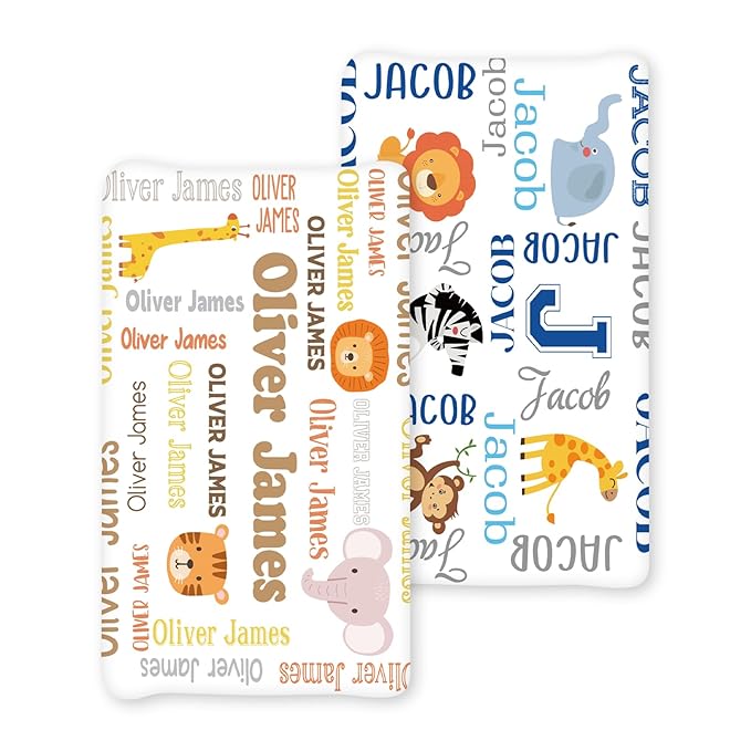 Custom Name Changing Pad Cover - 2 Piece Animal Print Customizable Changing Pad Cover - Cotton Toddler Baby Pee Pad for Diaper Changing Table Nursery Protector