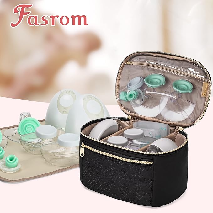 Fasrom Wearable Breast Pump Bag Compatible with Momcozy, Medela and Elvie Hands Free Pumps, Portable Carrying Case with Waterproof Mat for Working Moms Travel, Black (Bag Only, Patent Design)