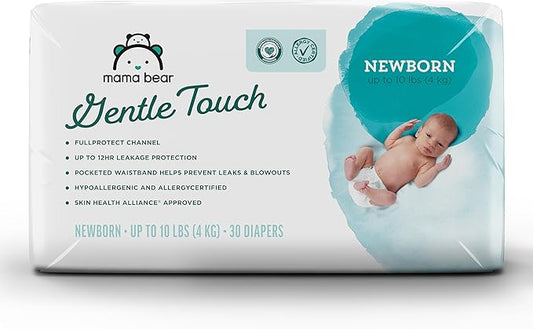 Amazon Brand - Mama Bear Gentle Touch Diapers, Size Newborn, Keeps Baby Dry, Skin Safe, Formulated without Fragrance, 30 Count
