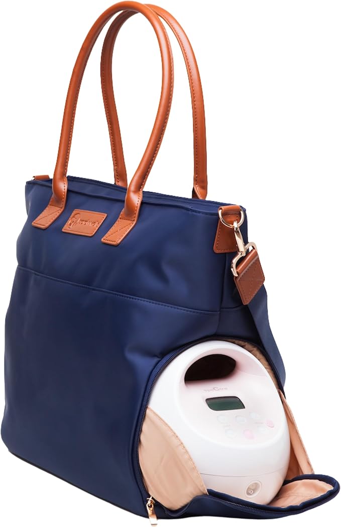 Sarah Wells Abby Breast Pump Tote with Real Leather Straps – Stylish Pumping Bag with Insulated Pockets, Laptop Storage & Easy-Clean Interior – Professional Breast Pump Bag for Work & Travel (Navy)