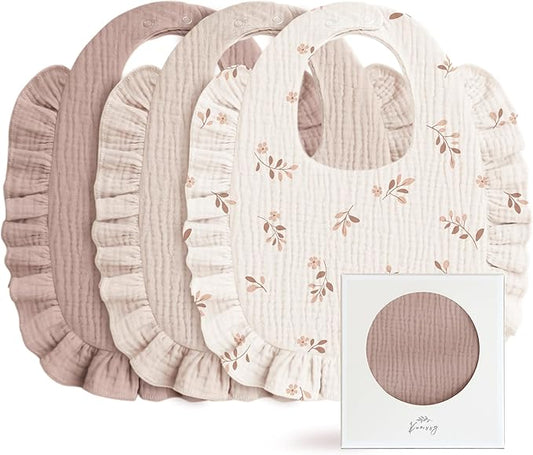 Konssy Muslin Baby Bibs for Girls – Soft 100% Cotton Drool Bibs, Ruffle Trim for Newborns & Toddlers 0-36 Months 3-Pack