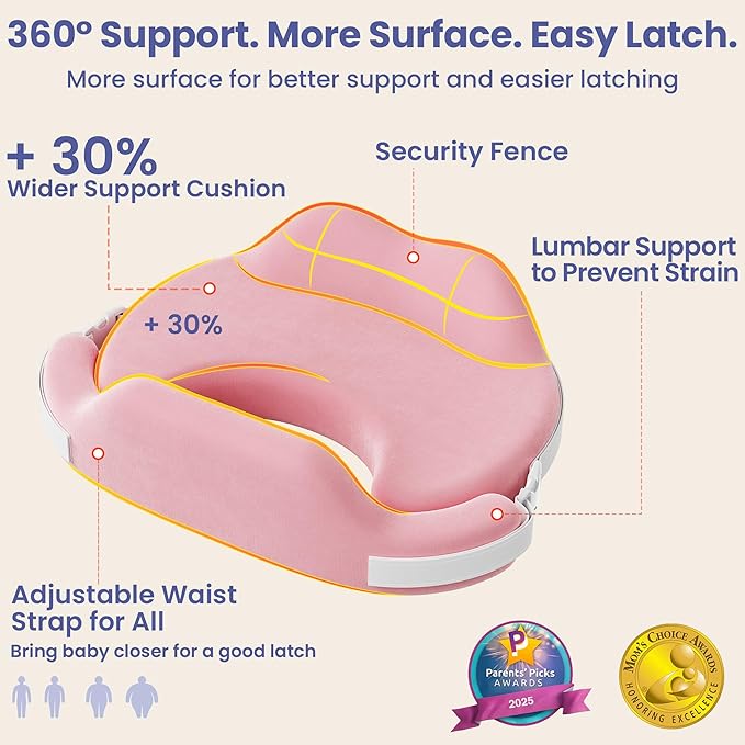 MOMFANN Nursing Pillow for Breastfeeding, 60D Firm Memory Foam, Ergonomic Lumbar Support & Safety Fence, Wider Cushion for Back Pain Relief, Adjustable Strap, Removable Machine Washable Cover - Pink