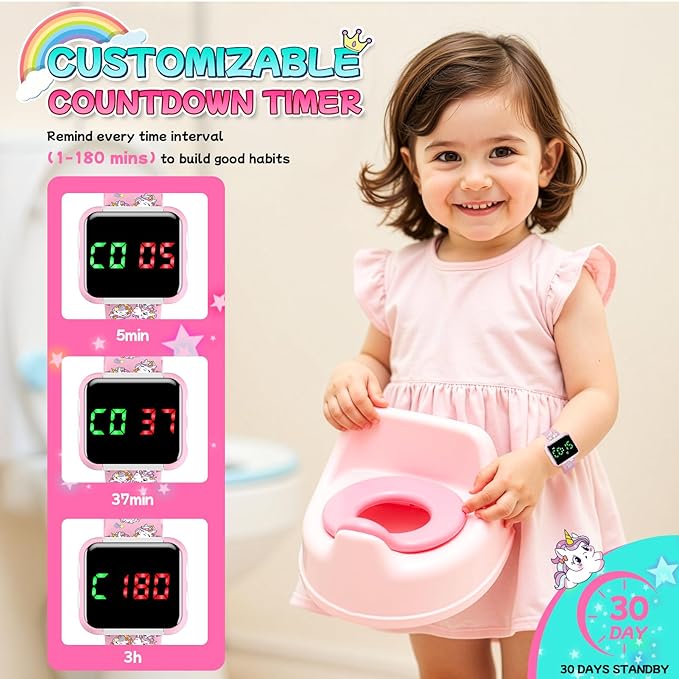 Potty Training Watch & Chart for Toddler Girls: Adjustable Volume Potty Watches for Kids Unicorn Potty Training Chart with Reward Stickers Toilet Training Tools Gifts for Girl (Pink)