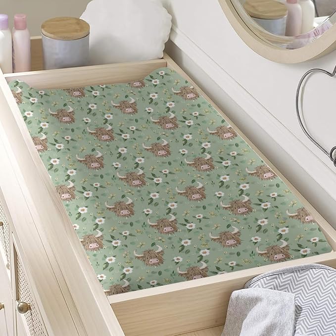Farm Highland Cow Floral Flowers Leaves Baby Changing Pad Cover, Unisex Western Cow Nursery Diaper Changing Table Pad Mat Sheet for Boys Girls-16x32