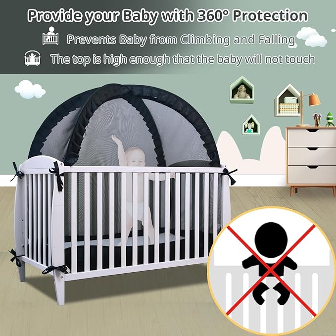 South to East Crib Tent, Pop Up Safet Crib Net to Keep Baby from Climbing Out, Breathable & Skin-Friendly Mesh Crib Cover, Strong and Firm X Metal Frame, Mosquito Netting for Baby, Black