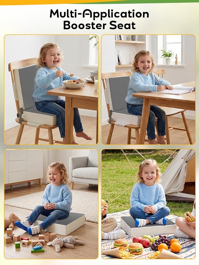 Booster Seat for Kitchen Chair - Toddler Booster Seat for Dining Table - PU Washable Double-Safety Straps with Buckle, Kids Portable Outdoor Booster Seat (Grey)