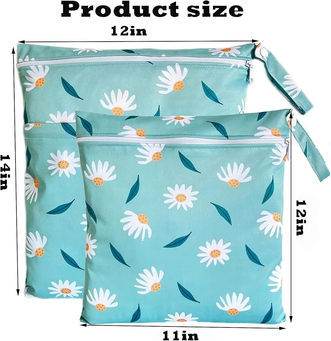 Wet Dry Bag for Cloth Diapers, 2PCS Waterproof Reusable Wet Bag with Zippered Pockets, Washable, Reusable for Travel, Beach, Pool, Stroller, Diapers, Dirty Gym Clothes, Swimsuits, 14x12In & 12x11In