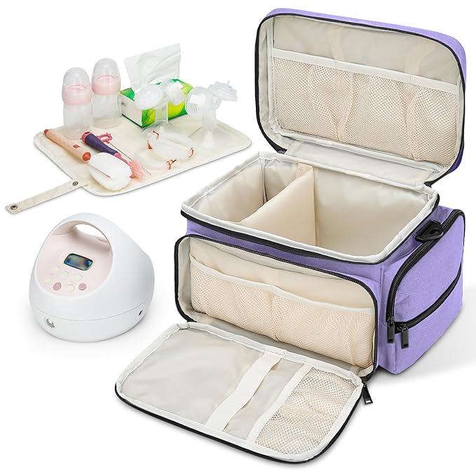 GDNasist Breast Pump Bag Fit for Spectra S1 and S2, Pumping Bags with Waterproof Mat for Pump Accessories, Portable Pump Carrying Case for Work, Travel and Family Use, Purple