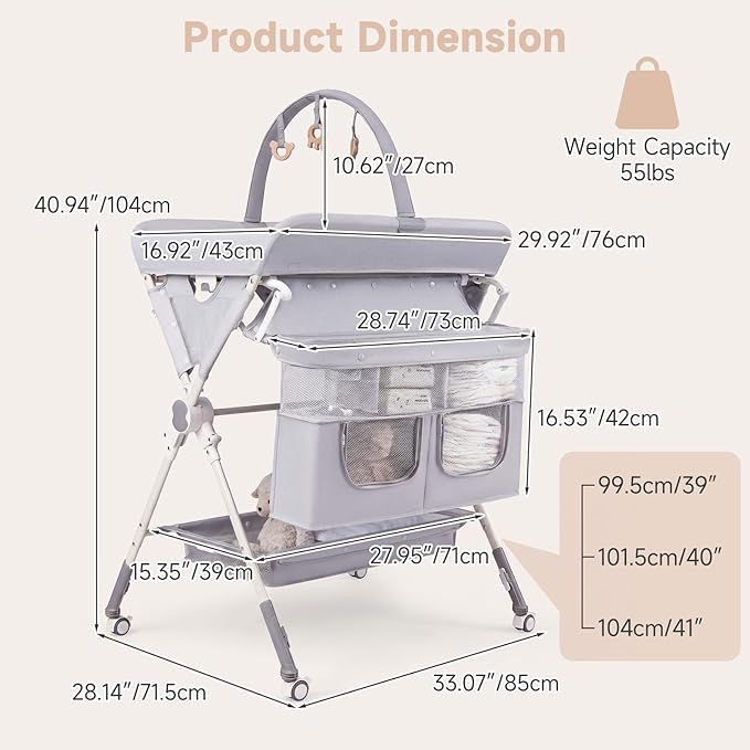 INFANS Portable Baby Changing Table with Wheels, Foldable Diaper Changing Station with Adjustable Heights, Large Organizer Storage for Newborn Infant (Light Gray)